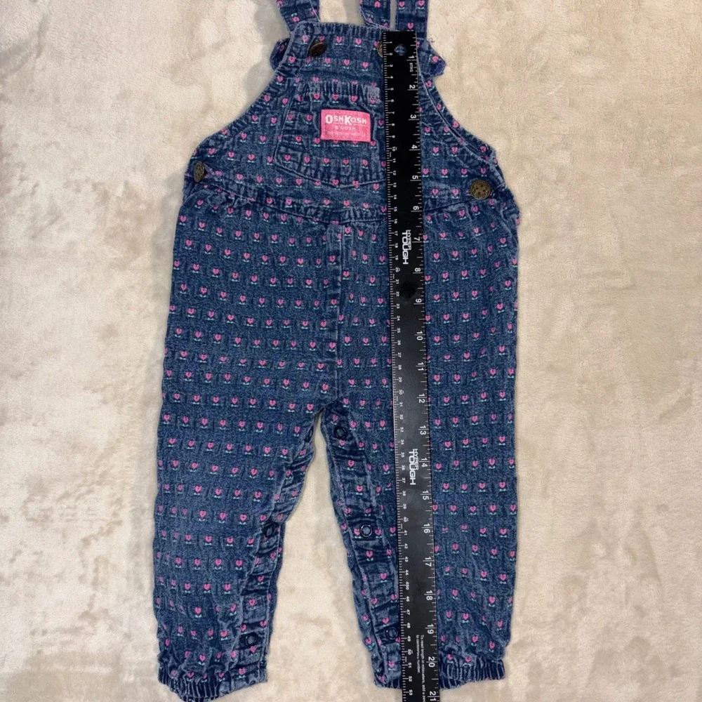 Vintage OshKosh Bgosh Vestbak Overalls 24M Blue Denim Pink Heart Floral USA Made